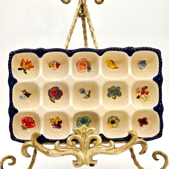 Pioneer Woman Egg Tray Celia Floral Stoneware Blue Hobnail 15-Egg Holder 6x10 - Picture 2 of 8